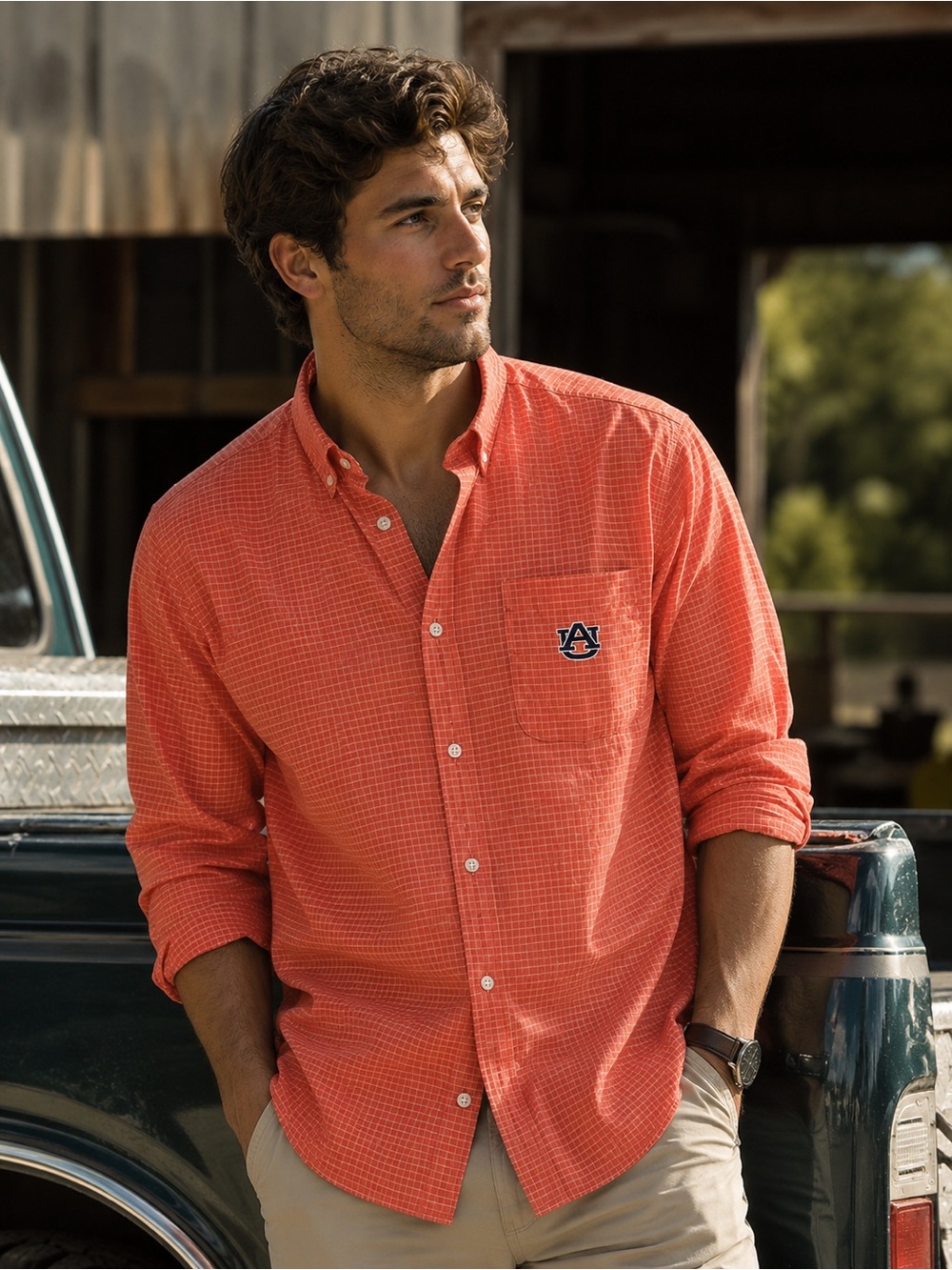 Campus Specialties Men's XXL Orange Grid Plaid Button-Down Shirt